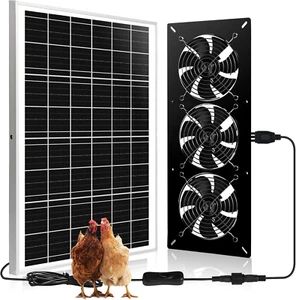 Solar Powered 3 Fan Kit, 25W Solar Exhaust Fans for Outdoor Greenhouse Chicken C - Picture 1 of 12