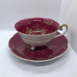3 Footed Vintage Teacup & Saucer Lusterware Finish Gold Details Floral Design - Picture 1 of 12