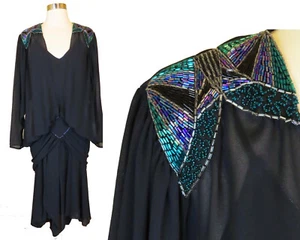 Vintage 80s 20s Drop Waist Black Sheer Flapper Beaded Full Skirt Party Dress S M - Picture 1 of 12