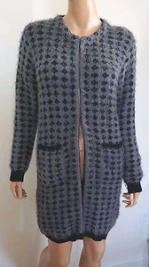 NEW SAVE THE QUEEN Gray Black WOOL Blend Long CARDIGAN Sweater XS ITALY - Picture 1 of 7