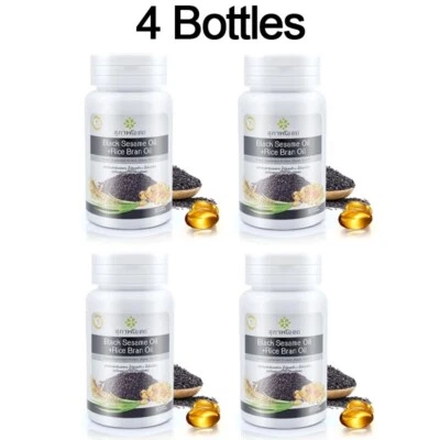 4 X Suphab Osot 黑色芝麻油 + 米糠油帮助骨骼和关节睡眠 30 盖 — 第 1/4 张图片