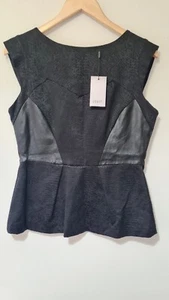 COAST Ladies BLOUSE Top PEPLUM UK 12 SNAKE SKIN Faux LEATHER Panel Zip BLACK NEW - Picture 1 of 4