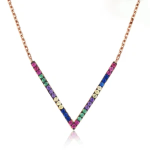 Sterling Silver Pink Gold A Deco MultiColor Rainbow Sapphire V Pendant Necklace - Picture 1 of 4