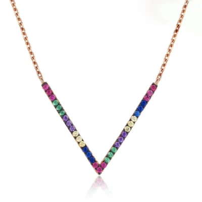 Sterling Silver Pink Gold A Deco MultiColor Rainbow Sapphire V Pendant Necklace - Image 1 of 4