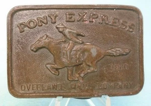 Vintage Pony Express Overland Mail Company Brass Belt Buckle - Picture 1 of 3