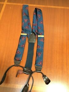 CAS 100% Silk Suspenders Navy Blue with Red Gray Triangles