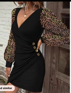 VESTIDO MUJER NEGRO MANGA LENTEJUELAS IRIDISCENTES FRUNCIDO Talla XL NUEVO CON ETIQUETAS - Imagen 1 de 3