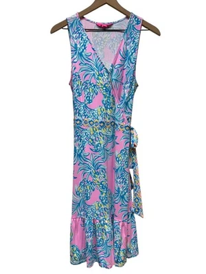 Lilly Pulitzer Misha Wrap Dress Beat the Heat Pelican Pink Blue Sz L Resort - Image 1 of 4