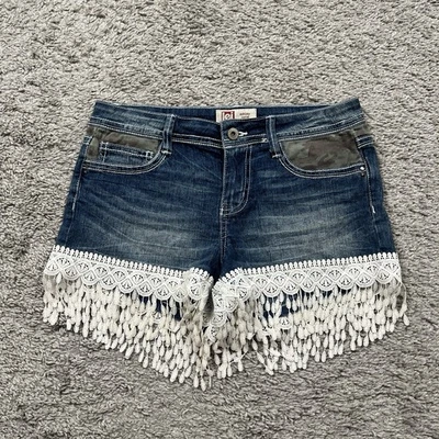 L.e.i. Vintage Y2K Ashley Low Rise Denim Mini Shorts White Boho Trim Size 7 - Image 1 of 4