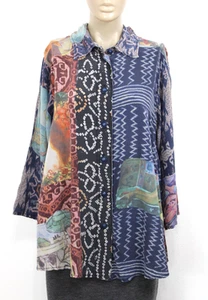 URU Bluse Shirt Top Gr. L 100% Seide Art To Wear Print Damen Knopfleiste - Bild 1 von 18