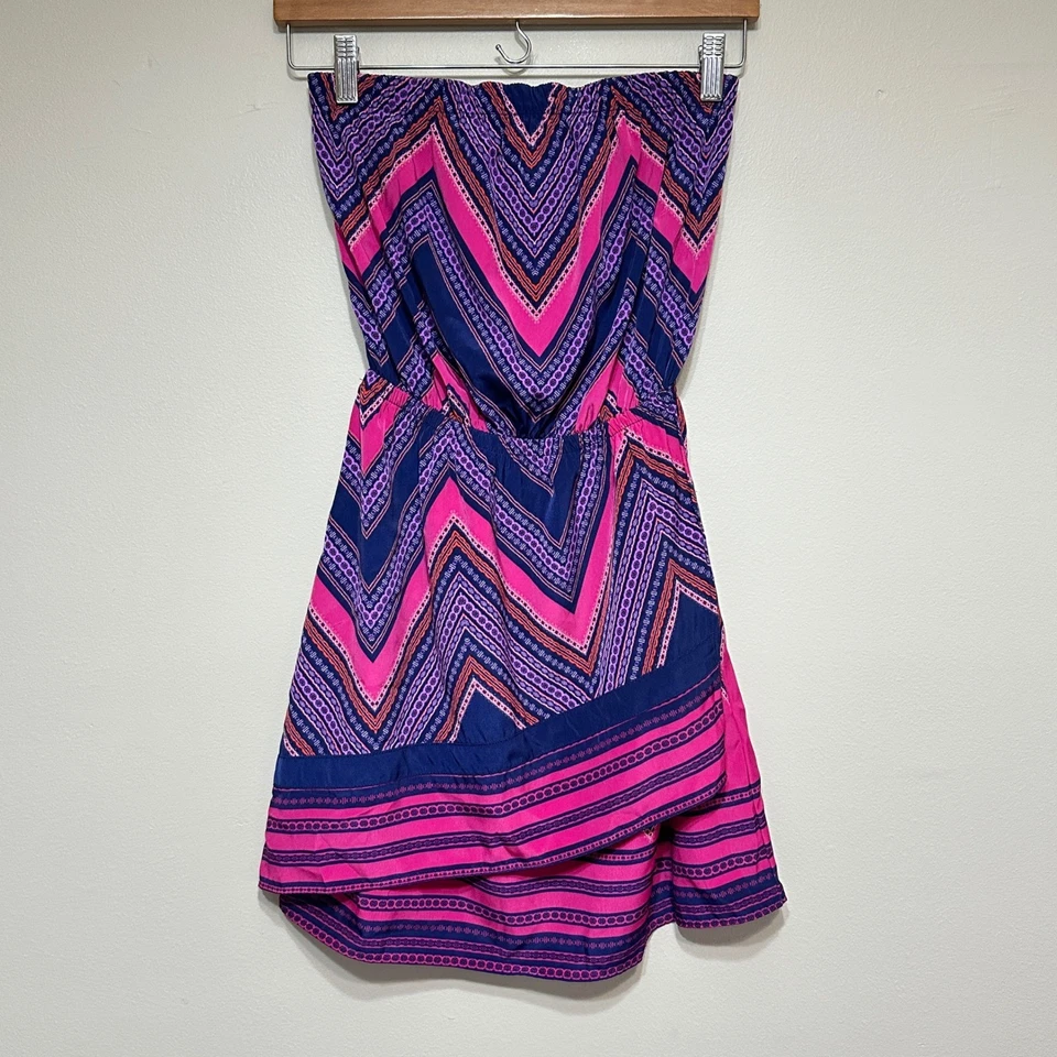 Express Y2K без бретелек мини платье женщин XS розовый фиолетовый шеврон выходные - Изображение 1 из 4