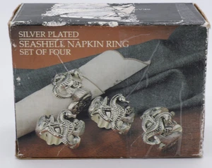Silver Plated Seashell Seahorse Napkin Rings Set of 4 - Picture 1 of 6