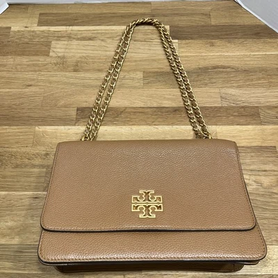 Cartera de Hombro Convertible Tory Burch Britten Marrón Claro Cuero Guijarro Usada en Excelente Condición Foto 1 de 4