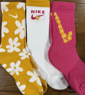 NIKE DRI-FIT Mujer Mediano Paquete de 3 Calcetines Crew Rosa Dorado Blanco Floral Nuevos Foto 1 de 3