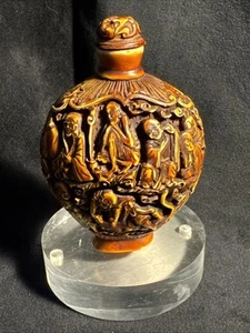 Bottiglia da fiuto vintage asiatica intagliata a mano ornamentale firmata - Foto 1 di 10