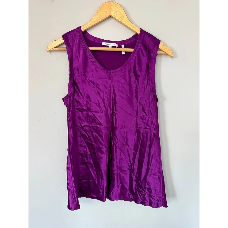 Helmut Lang Satin Silky Tank Top Fringe Cuff Sleeveless Purple Casual Top Size S - Image 1 of 4