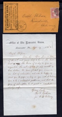 USA Civil War Period 1863 ADVERTISING Cover Letter, Lancaster Pa to Russellville - Image 1 of 3