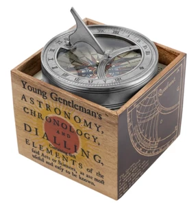 Folding Silver Sundial Compass 3.75" Wood Gift Boxed Replica Nautical Desk Decor - Picture 1 of 1