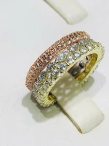 Tri Oro Argento Sterling Bianco Zaffiro Pavè Triplo Eternity Multipli Fedina Sz6 - Foto 1 di 10