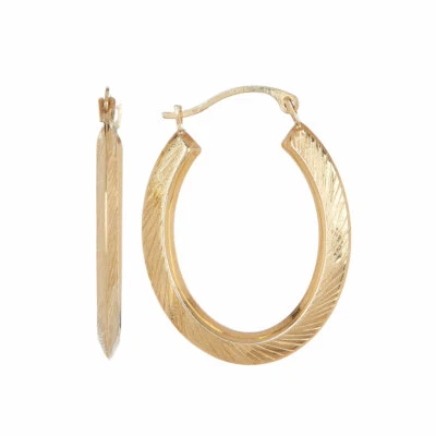 Elegant Diamond Cut Satin Oval Hoop Earrings Real 14K Yellow Gold 18mm X 25mm - Изображение 1 из 2