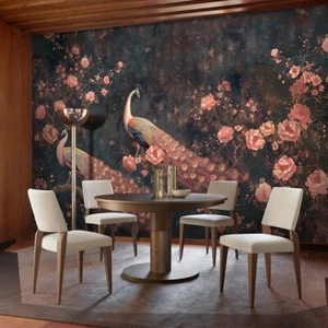 148X98" Cut into 5 Rolls, Vintage Pink Peacock Large Wall Mural Floral Wallpaper - Picture 1 of 8