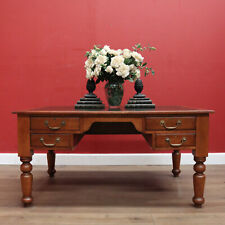 Antique English Mahogany Office Desk, Four Drawer Leather Top, Brass Handle Desk