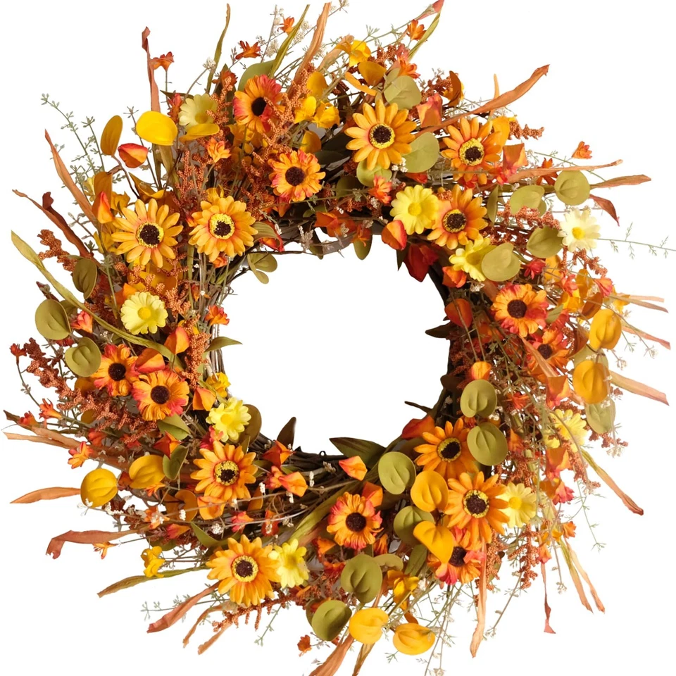 TEMPUS 22inch Thanksgiving Daisy Grain Wreath Autumn Harvest Wreath Eucalputs...