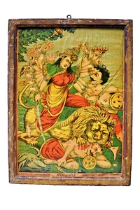 Vintage Raja Ravi Varma Oleograph Print Press The Mahishasura Mardini 15 X 11 " - Picture 1 of 5