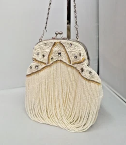 Klass Beaded Evening Bag Cream /Gold 1930's Style Silver Metal Strap Flapper - Picture 1 of 4