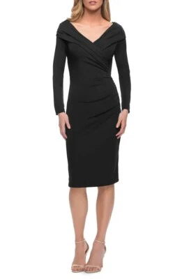 La Femme Black Long Sleeve Ruched Cocktail Dress Size 8 Orig $325 - Image 1 of 2