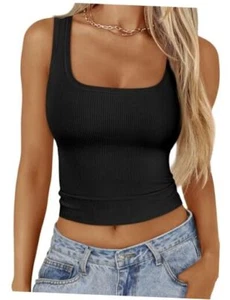 Womens Square Neck Ribbed Tank Tops Sleeveless Crop Tops Summer Medium Black - Picture 1 of 7