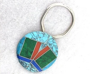 Zuni Sterling Turquoise Malachite Coral Intarsia Keychain Key Chain EBS7674 - Picture 1 of 3
