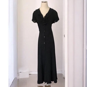 LRL Ralph Lauren Maxi Dress Womens 14 Black Silk Crepe Button Front Ruffled Neck - Picture 1 of 12