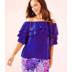 Lilly Pulitzer Haylee Ruffle Off Shoulder Top Size XS Royal Blue Salsa Silky - Picture 1 of 8