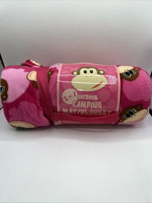 Camping Mat Throw Blanket 2 In 1 60” X 70” Pink Monkey Fleece Outdoor Indoor New - Image 1 of 4