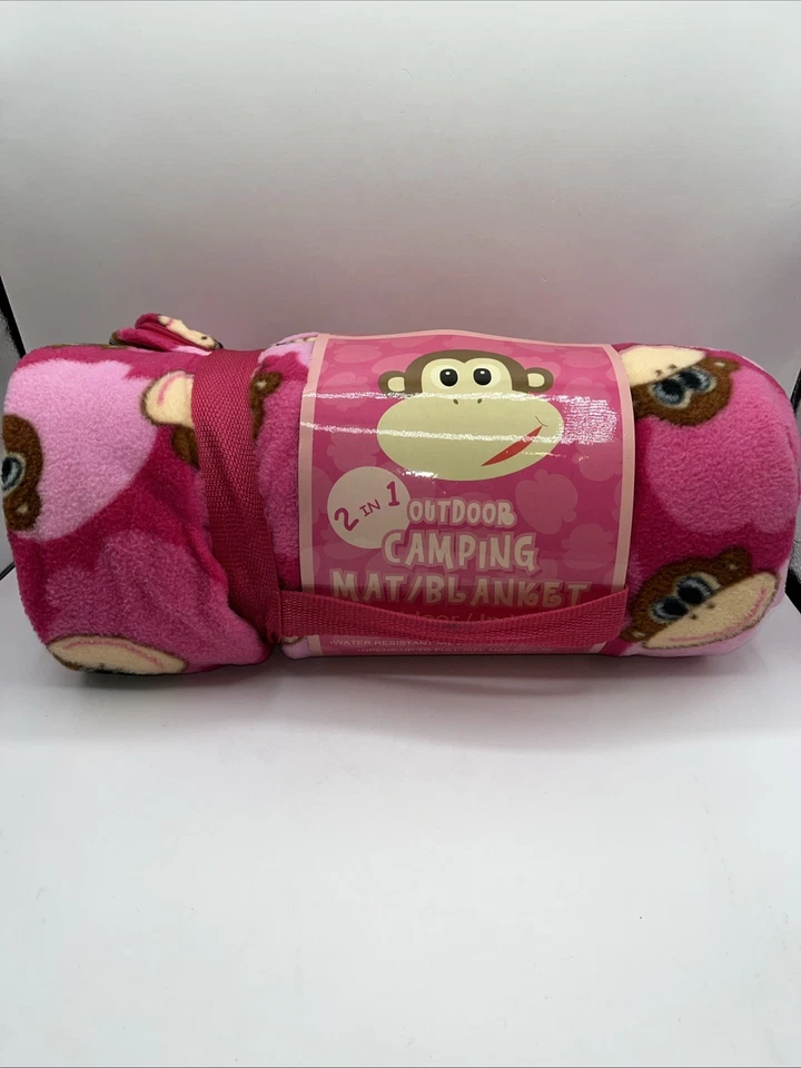 Camping Mat Throw Blanket 2 In 1 60” X 70” Pink Monkey Fleece Outdoor Indoor New - Image 1 of 4