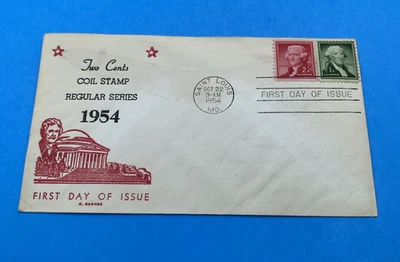 1954 2¢ Jefferson Coil FDC St Louis + 1¢ Washington C. George Cachet Unaddressed - Image 1 of 4