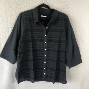 Denim & Company Shirt Womens Large Eyelet Button 3/4 Sleeve Blouse Tank Set - Picture 1 of 16