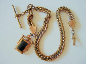Antique B & D Pocket Watch Chain With T Bar & Watch Fob - Picture 1 of 4