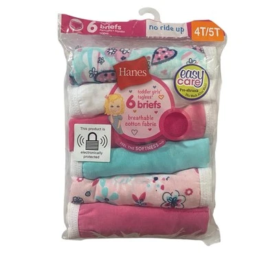 Hanes Tagless® Toddler Girls 100% Cotton Briefs Size 4T/5T 6-Pack Hearts Flowers - Image 1 of 3