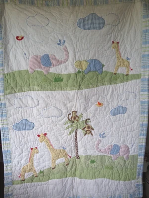 Pottery Barn Kids Baby Blanket Quilt Safari Animals Gingham Stripes Multi-Color - Image 1 of 4
