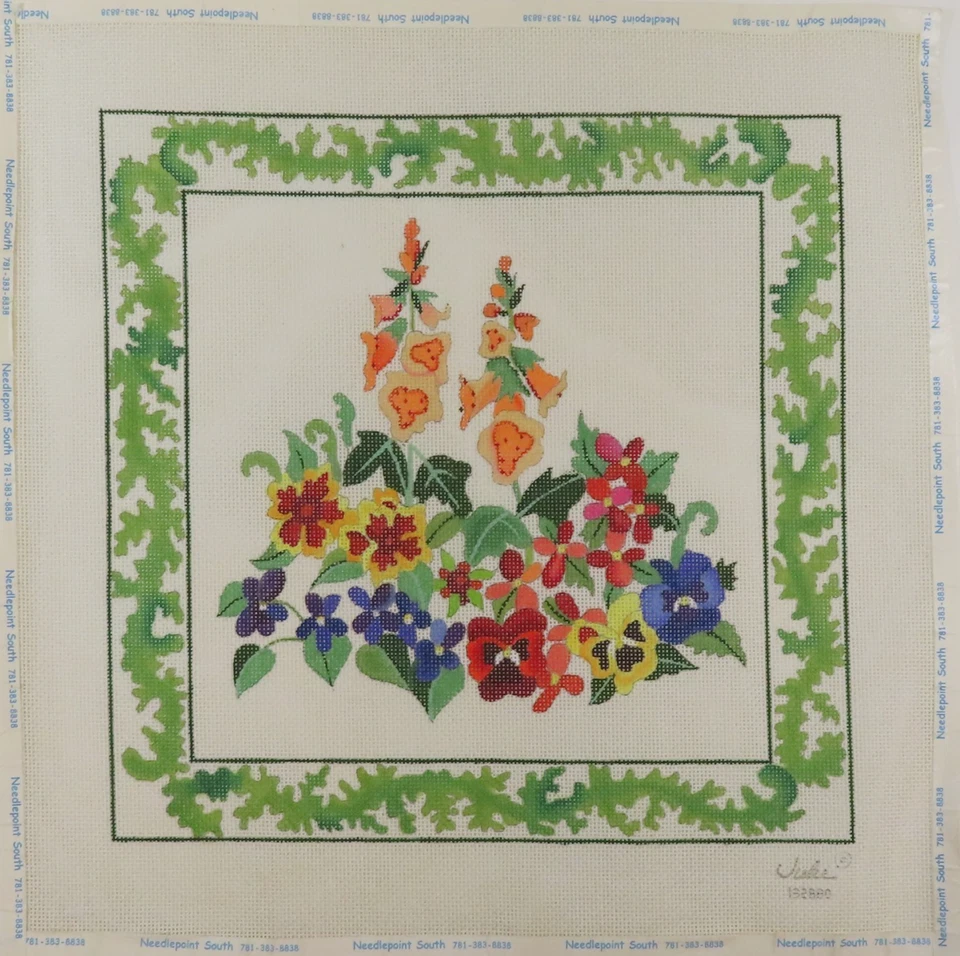 HANDPAINTED NEEDLEPOINT  - Flowers with greenery border  by Julie (2) - Image 1 of 1