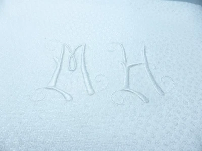 6 serviettes de table anciennes Lin damassé  brodé main monogramme MH  - Photo 1/4