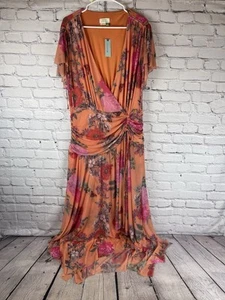 Maeve Anthropologie Floral Maxi Dress 2X Plus Orange Ruffle Wrap NWT $160 - Picture 1 of 11