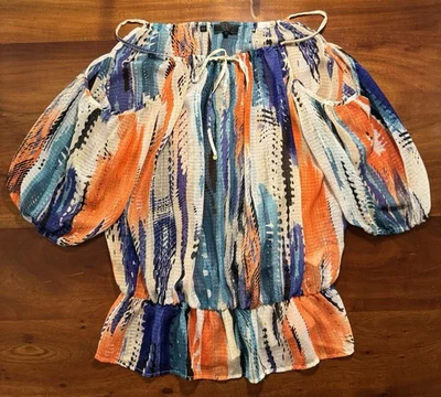 Blusa Guess Mujer Fuera del Hombro Multicolor Semi Transparente Estampado Geométrico Talla L Foto 1 de 4