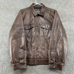 VINTAGE Eddie Bauer giacca pelle uomo L marrone vera foderata camionista anni 90 - Foto 1 di 12