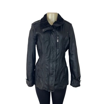Bromley collection Black Faux Leather Fleece Collar Zip Up Womens  Jacket Sz M - Imagem 1 de 4