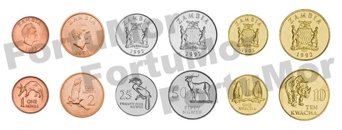 Zambia Set of 6 coins, 1 2 25 50 Ngwee 1  10  Kwacha 1983 1992, UNC, Animals Cover