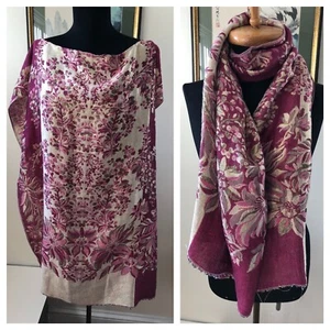 Pink Gold Poncho Over Head Scarf Bohemian India Floral Flower 66 x 27.5" - Picture 1 of 12