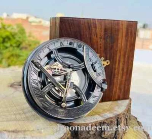 Antique Solid Brass Sundial Compass Nautical Engraved Anchor With Wooden Box New - Picture 1 of 4